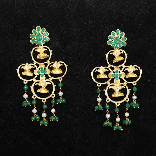 Matte Finish Stone Ethnic Earrings Green