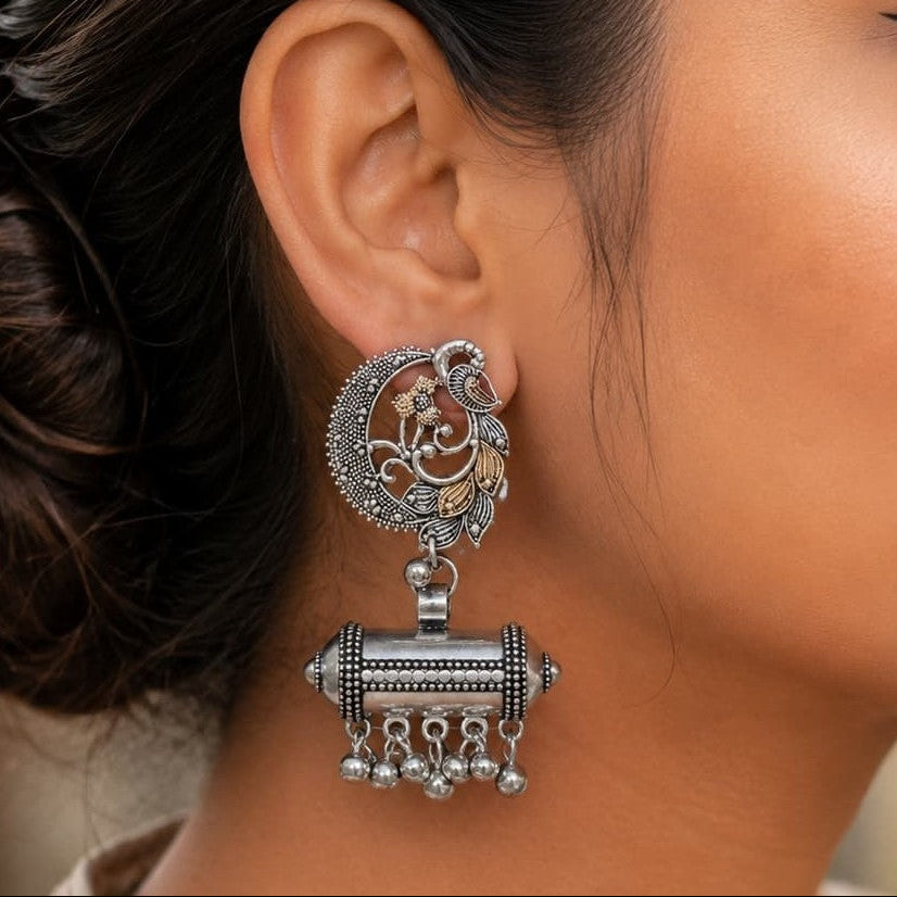 Floral Peacock Dual Tone German Silver Earrings