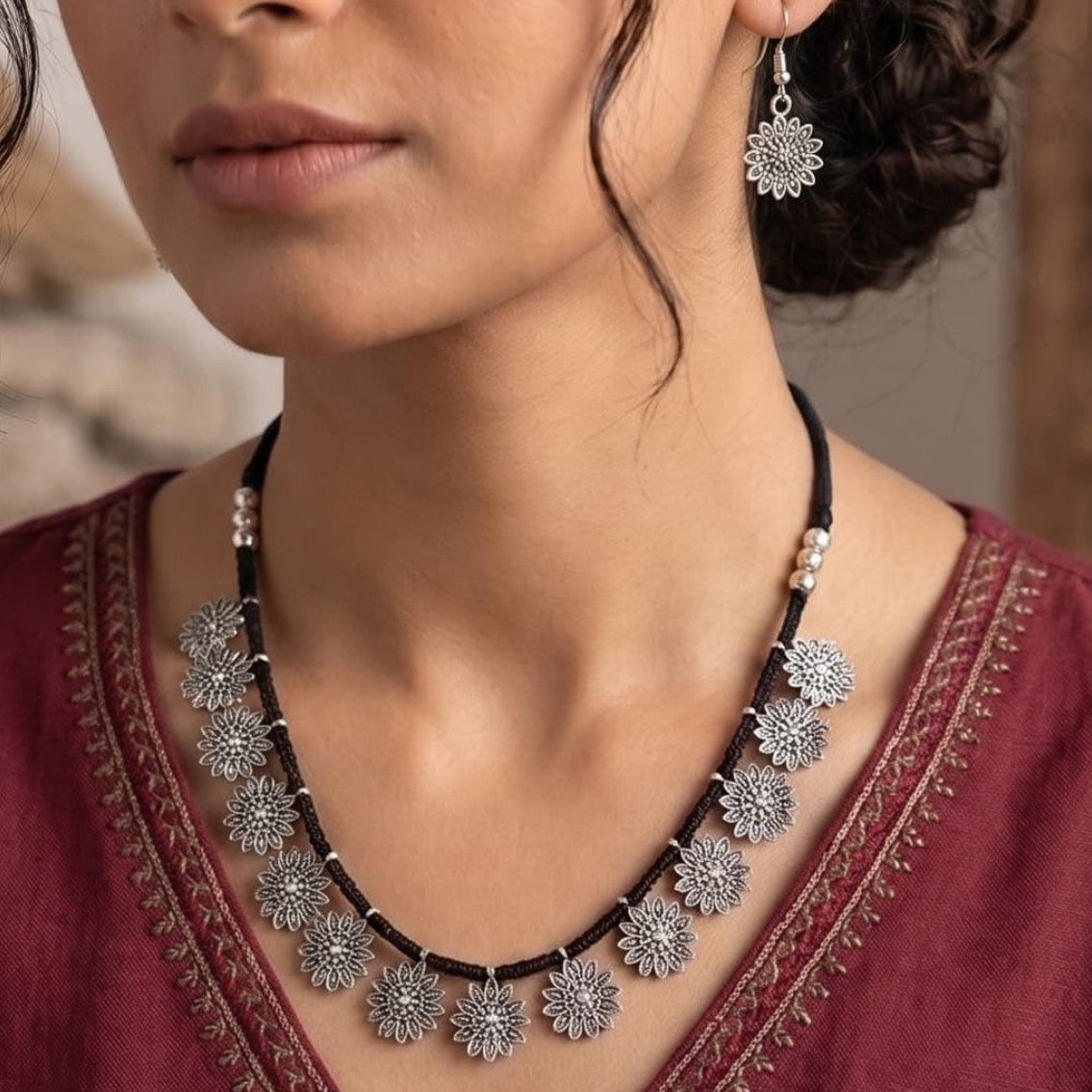German Silver Floral Bloom Necklace & Earrings