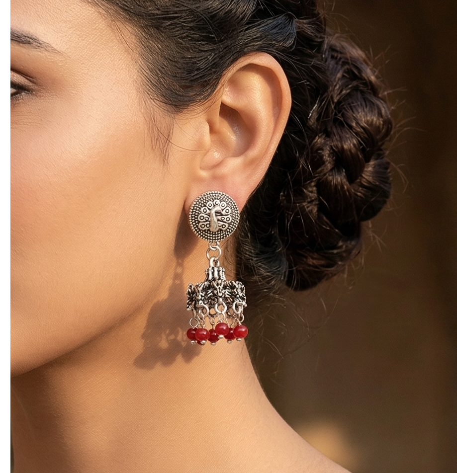 German Silver Beads Hanging Jhumki Red