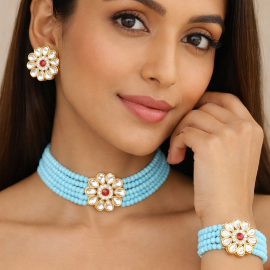 Glass Crystal Beaded Kundan Choker, Bracelet and Earring
