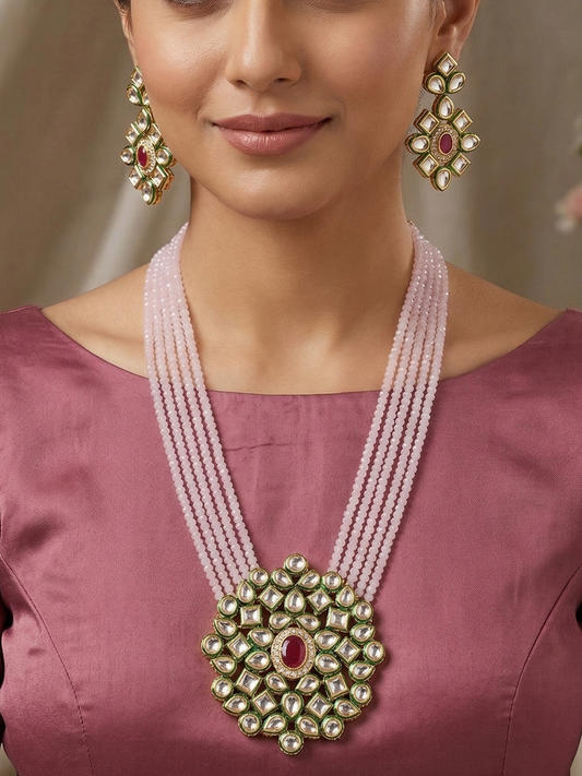 Glass Crystal Beaded Kundan Multilayer Necklace Earring Set