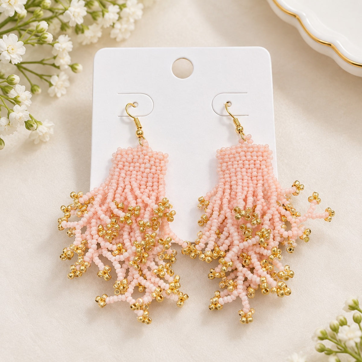 Elegant Pink Beaded Fringe Earring