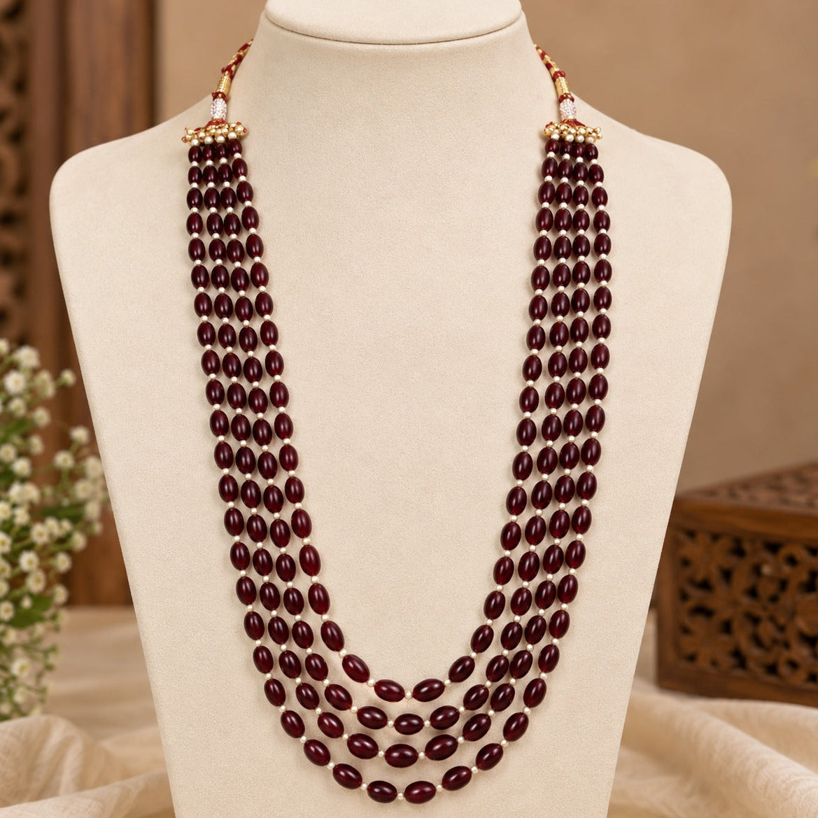 Maroon Multi-Strand Beaded Necklace