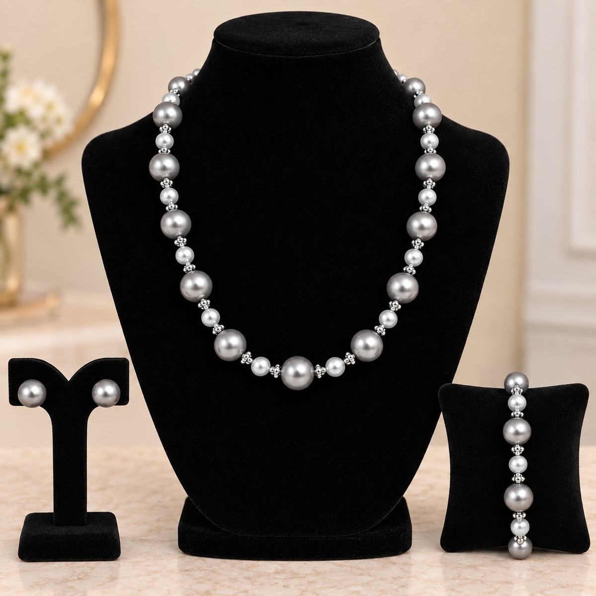 Grey & White Pearl Jewellery Set