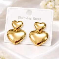 Golden Double Heart Drop Earring