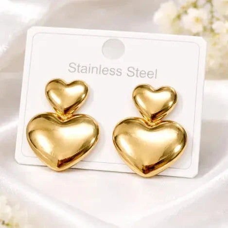 Golden Double Heart Drop Earring