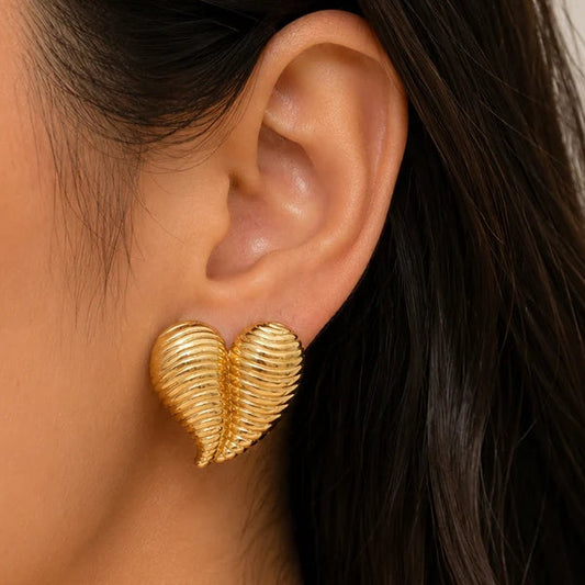 Golden Ribbed Leaf Statement Earring