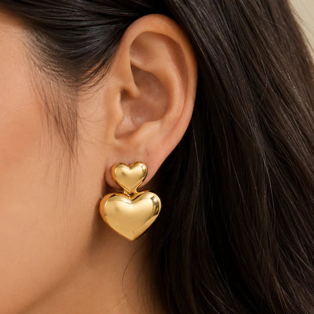 Golden Double Heart Drop Earring