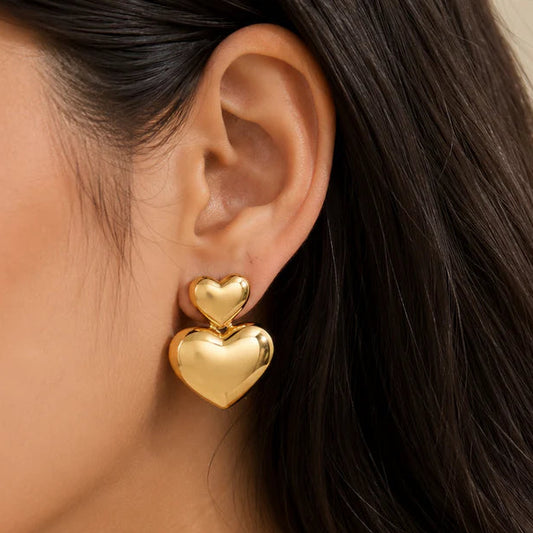 Golden Double Heart Drop Earring