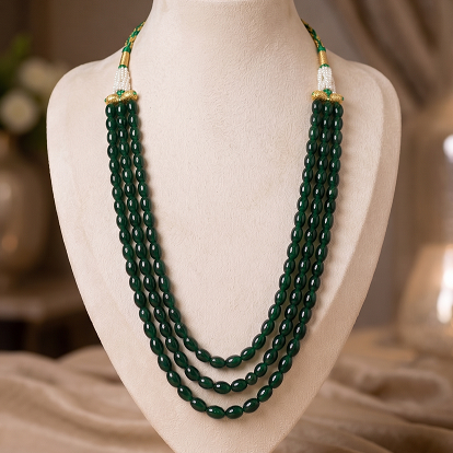 Emerald Grace Three-Strand Gemstone Beaded Necklace