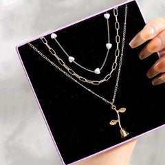White Golden Plated Heart Pearl Chain Necklace With Rose Pendant