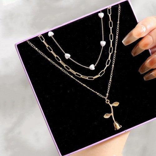 White Golden Plated Heart Pearl Chain Necklace With Rose Pendant