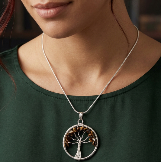 Tiger Eye Tree Of Life Necklace for Willpower, Self Motivation and Warrior's spirit