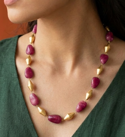 Tumble Onyx and Golden Dolki Long Necklace