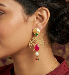Matte Finish Stone Ethnic Jhumka Earrings Red And Green