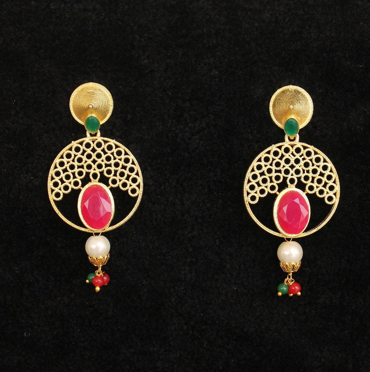 Matte Finish Stone Ethnic Jhumka Earrings Red And Green