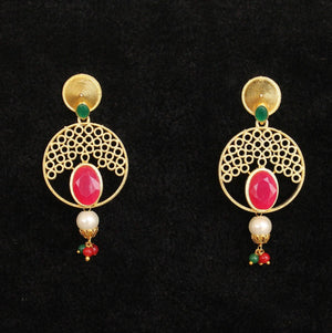 Matte Finish Stone Ethnic Jhumka Earrings Red And Green