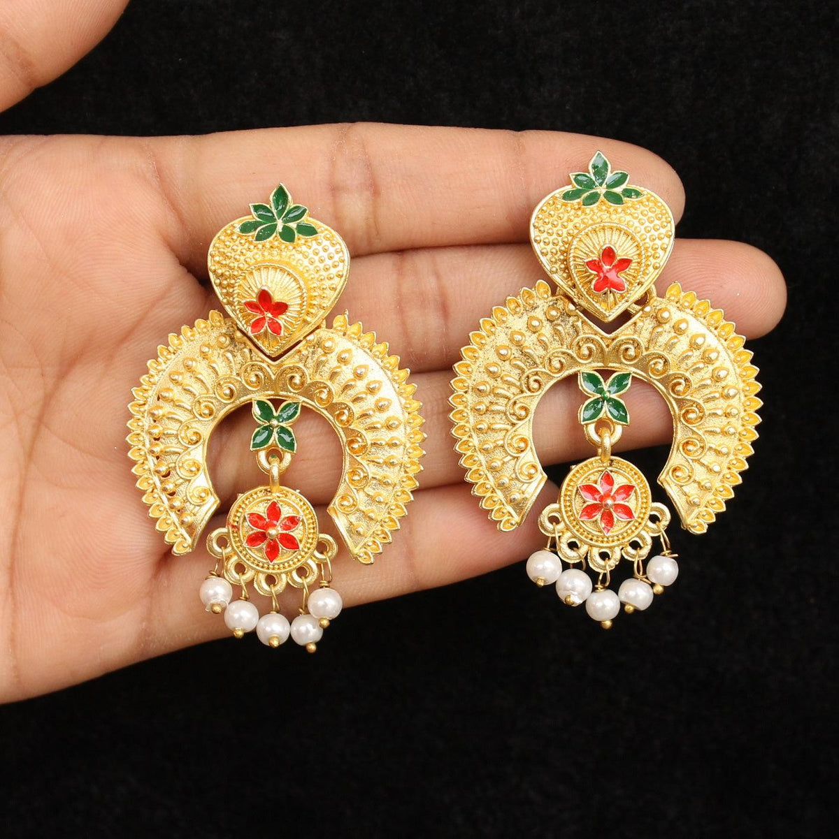 Matte Finish Meenakari Ethnic Designer Chandbali Earrings