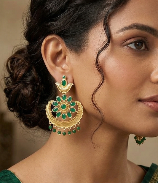 Matte Finish Stone Ethnic Earrings Green