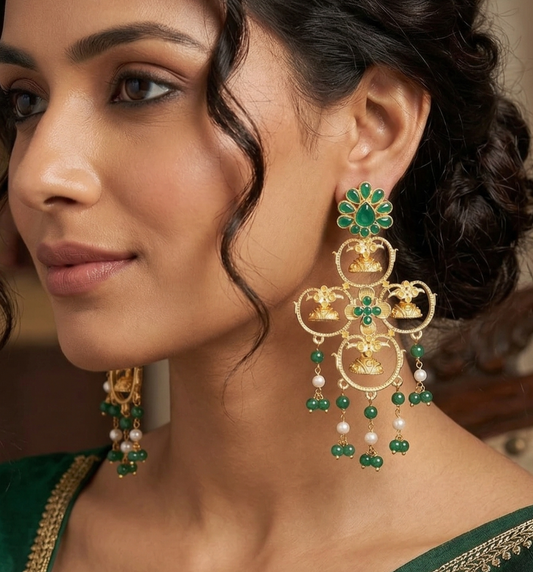 Matte Finish Stone Ethnic Earrings Green