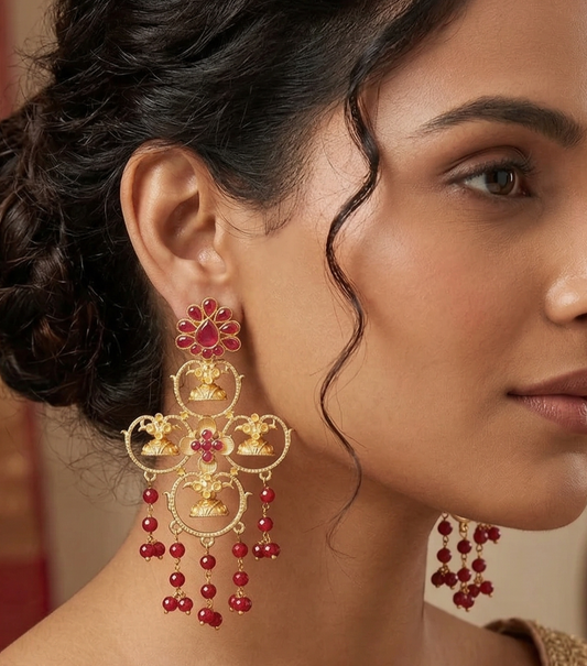 Matte Finish Stone Ethnic Earrings Red