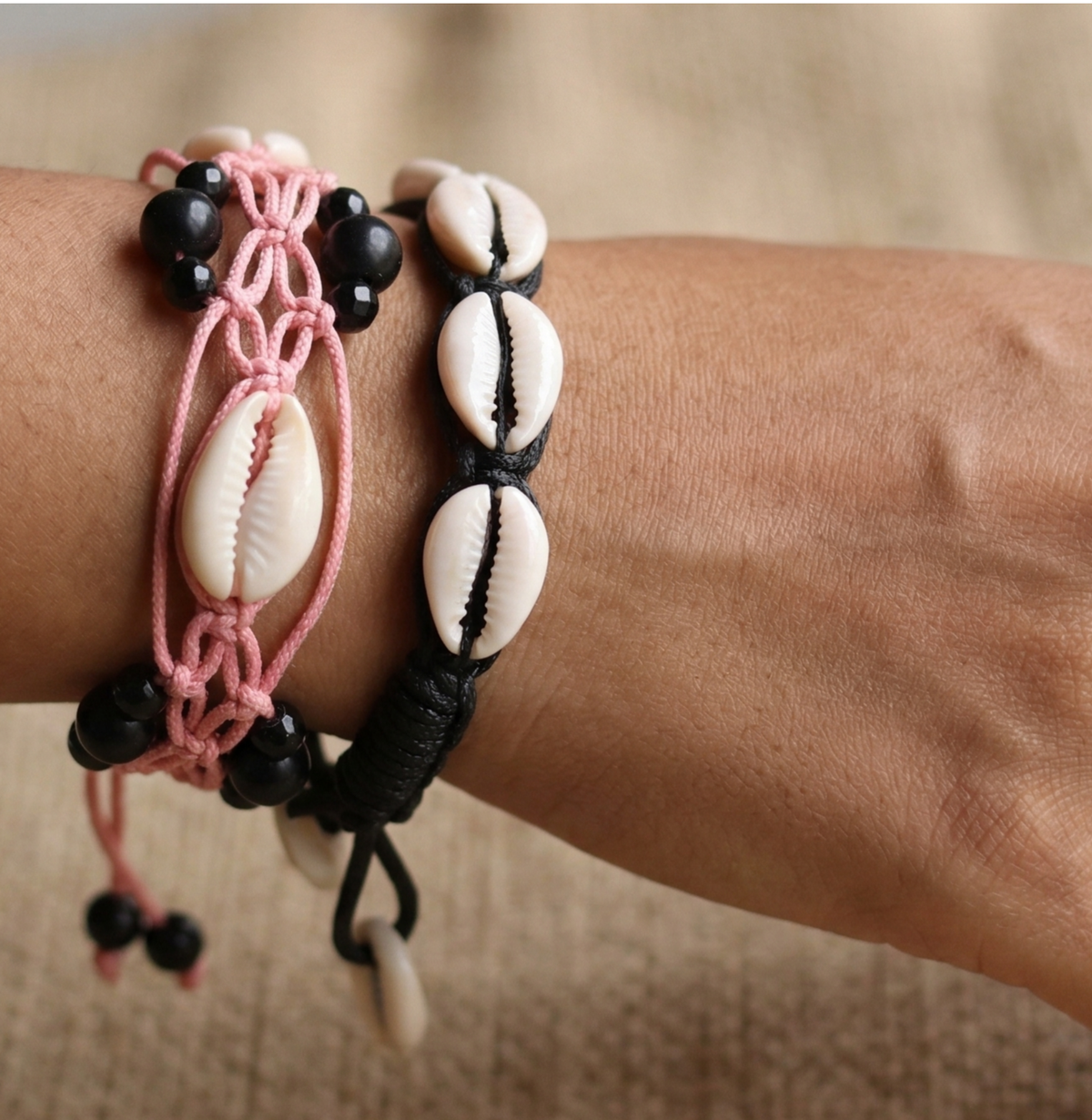 Adjustable Cowrie Shell Braided Bead Bracelets 2 Pcs Combo