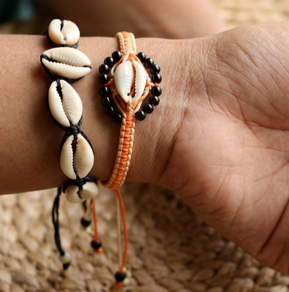 Adjustable Cowrie Shell Braided Bead Bracelets 2 Pcs Combo