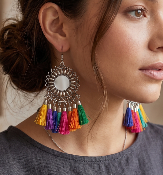 German Silver Tassel Mirror Earring Multicolor