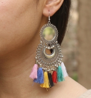 German Silver Tassel Mirror Earring Multicolor