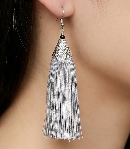 Long Tassel Earrings Grey
