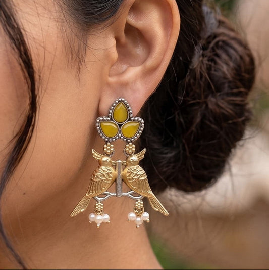 Twin Sparrow Dual Tone Oxidised Earrings