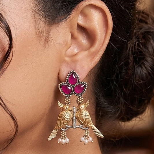 Twin Sparrow Dual Tone Oxidised Earrings