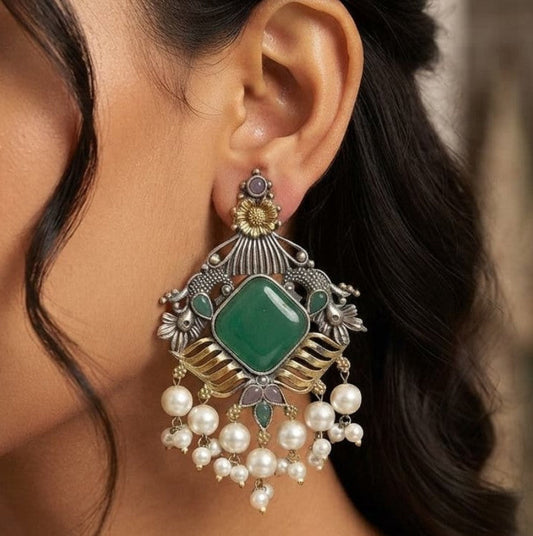 Royal Pearl Bloom Dual Tone Oxidised Earrings