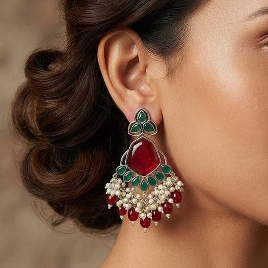 Pearl Elegance Dual Tone Oxidised Earrings