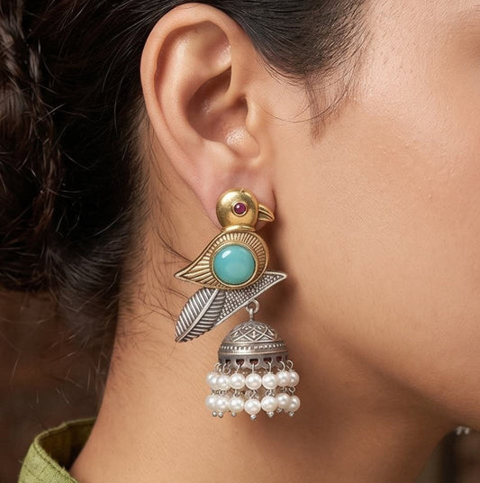 Classic Bird Dual Tone Oxidised Earrings