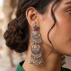 Traditional Floral Dual Tone German Silver Earrings