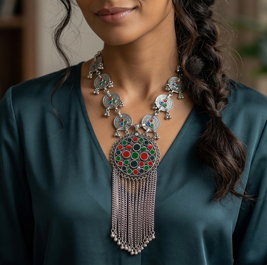 German Silver Multicolor Meenakari Necklace