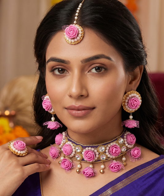 Gotta Patti Necklace Set with Mangtikka, Earrings and Ring Pink