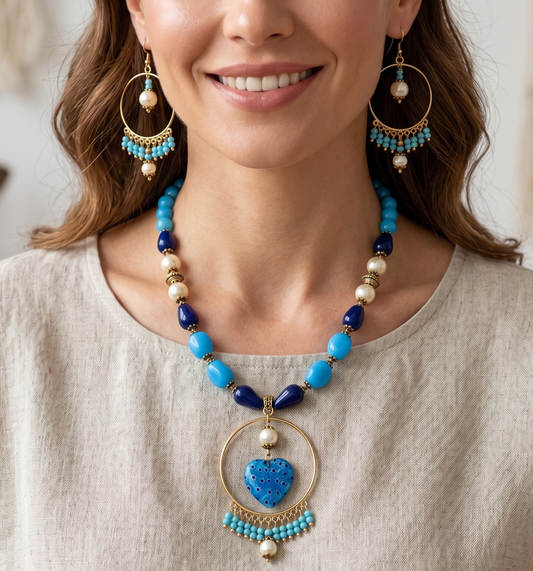 Beaded Necklace With Milifiori Pendant Set Blue