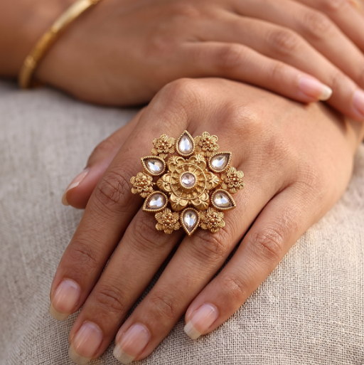 Golden Adjustable Kundan Finger Rings