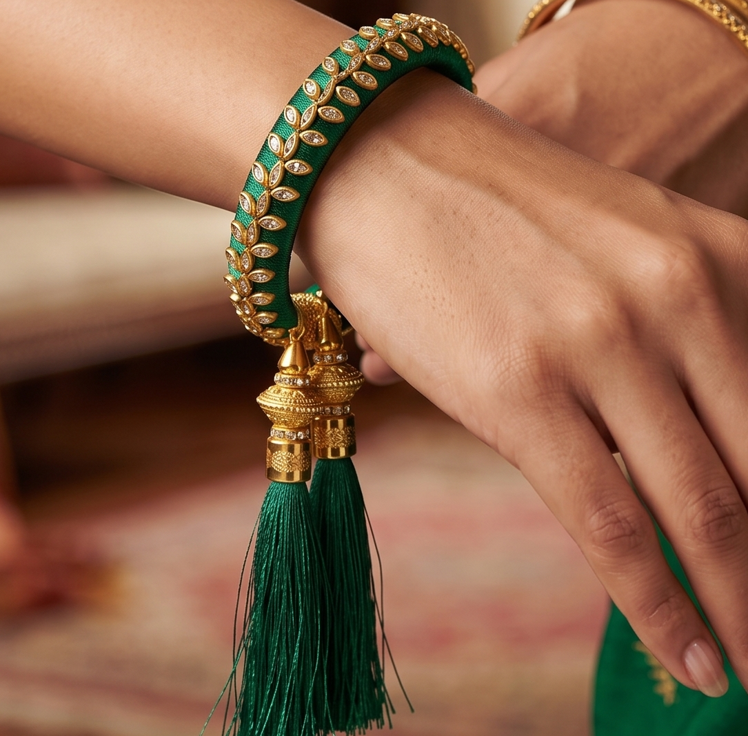 Designer Kundan Silk thread Adjustable Bracelet With Latkan Green