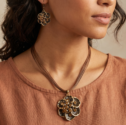 Austrian Stone Floral Gold Plated Pendant Set