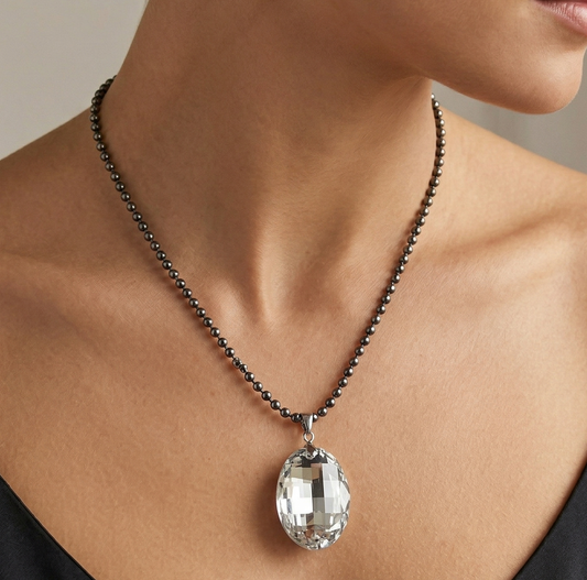Black Beads White Crystal Stone Necklace