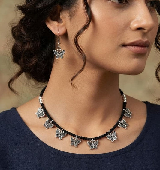 German Silver Butterfly Bloom Necklace & Earrings
