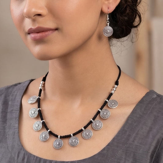 German Silver Mandala Charm Necklace & Earrings