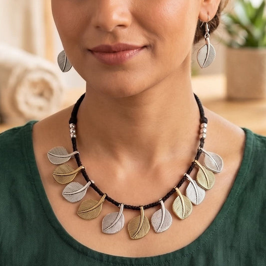 German Silver Nature Leaf Necklace & Earrings