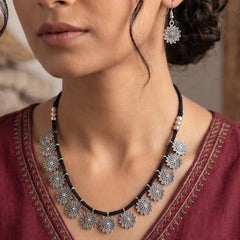 German Silver Floral Bloom Necklace & Earrings