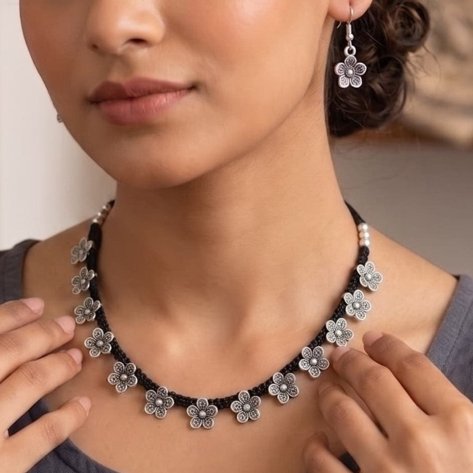 German Silver Daisy Blossom Necklace & Earrings