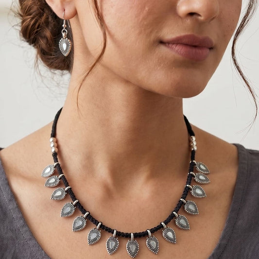 German Silver Teardrop Charm Necklace & Earrings